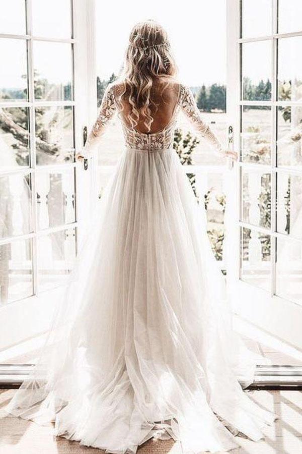 Wholesa A-line Long Sleeve Ivory Tulle See Through Backless Wedding Dresses