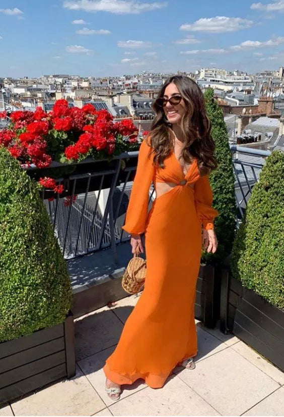 Long‑Sleeve Orange‑Chiffon Deep‑V‑Neck Cutout‑Waist Open‑Back Mermaid Floor‑Length Prom Dress
