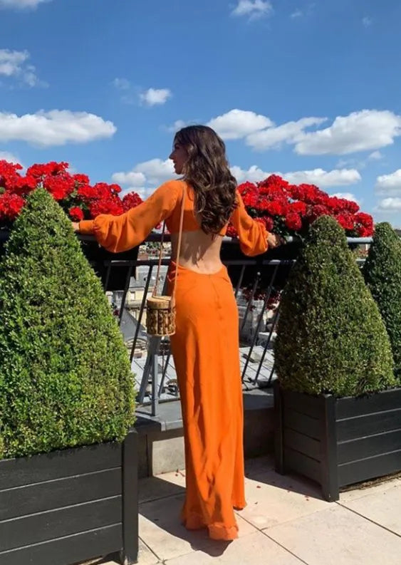 Long‑Sleeve Orange‑Chiffon Deep‑V‑Neck Cutout‑Waist Open‑Back Mermaid Floor‑Length Prom Dress