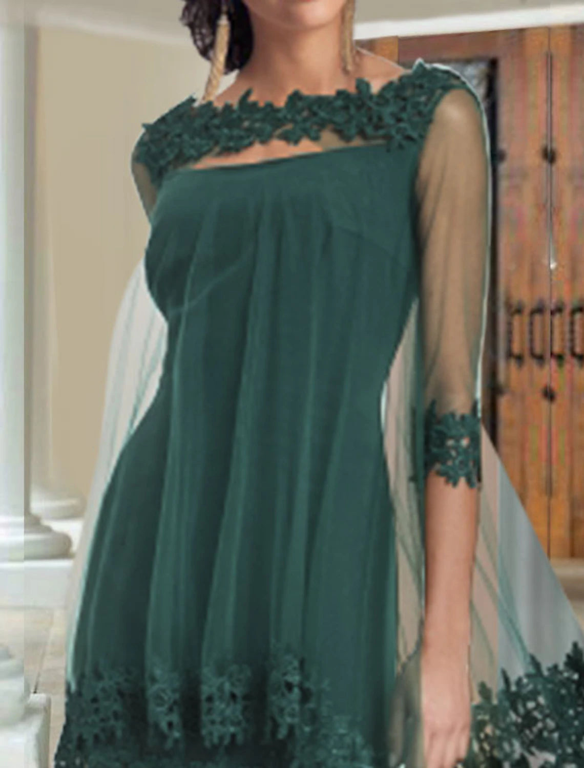 wholesale  Two Piece Sheath / Column Mother of the Bride Dress Elegant Wrap Included Square Neck Knee Length Chiffon Lace Half Sleeve with Appliques