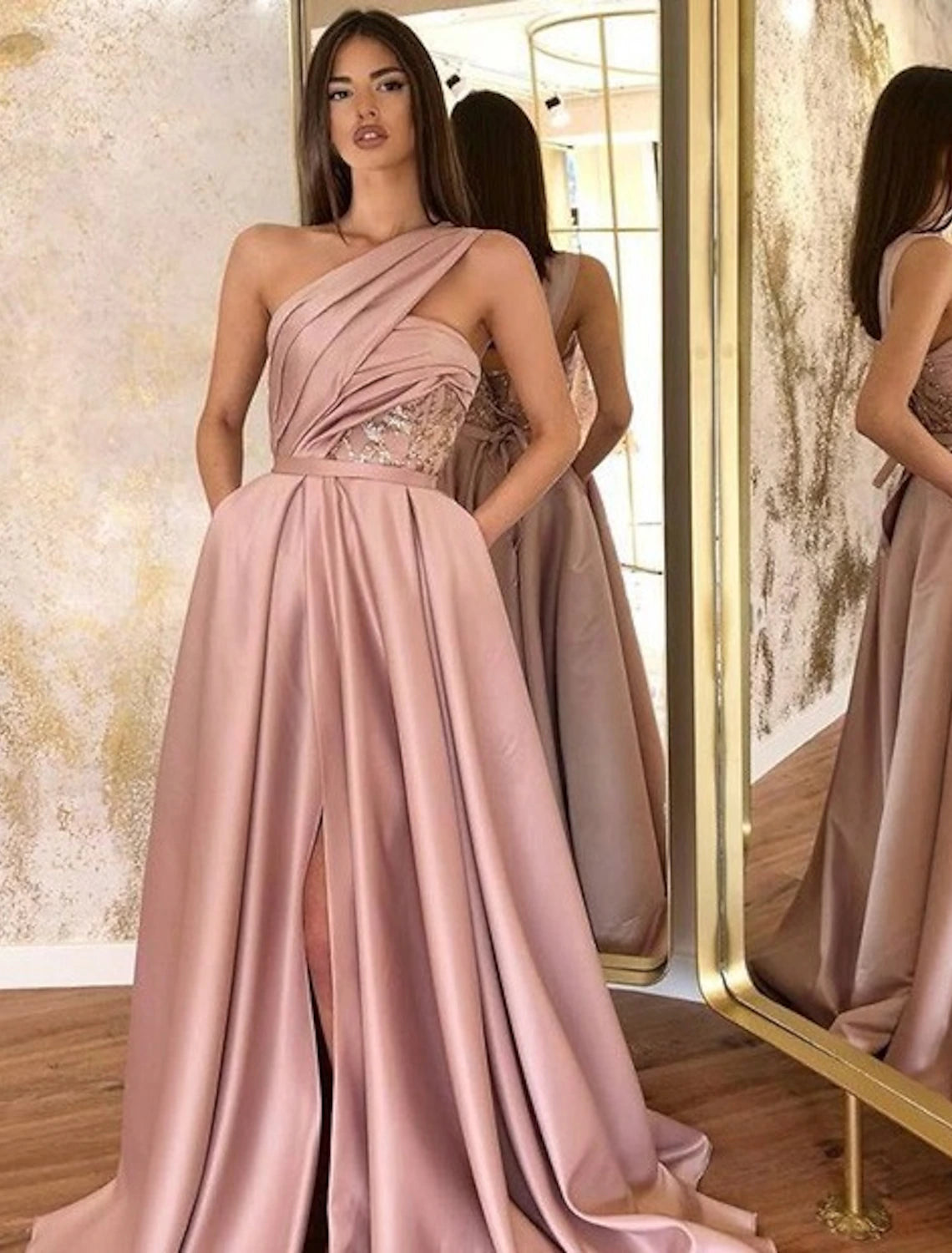 Wholesa  A-Line Evening Gown Celebrity Style Dress Formal Wedding Guest Floor Length Sleeveless One Shoulder Satin with Ruched Slit