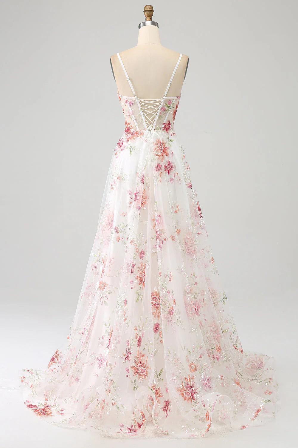 Wholesa A-line Flower Embroidered Long Corset Prom Dress with Slit