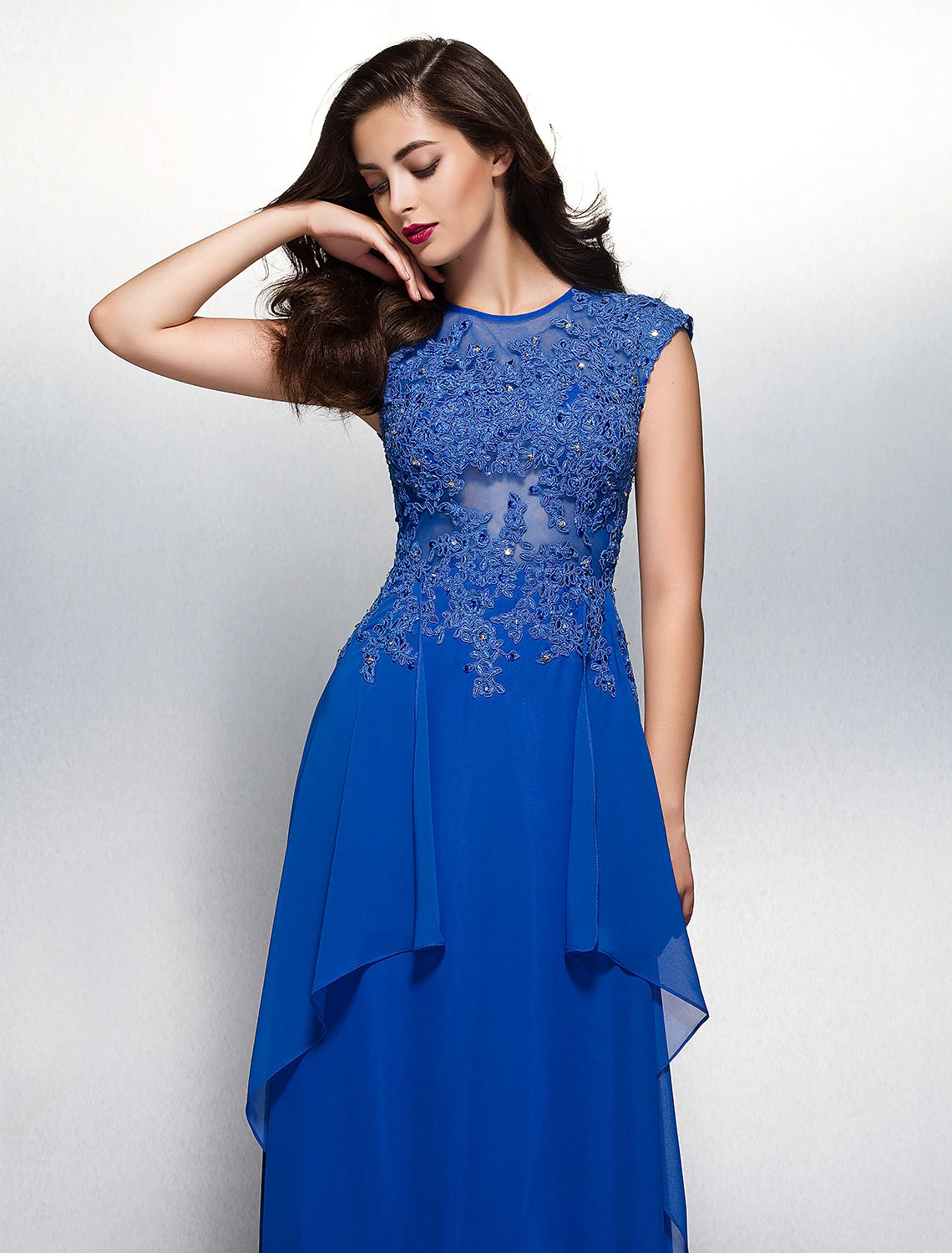 Wholesa Sheath / Column Elegant Floral Formal Evening Wedding Party Dress Illusion Neck Short Sleeve Sweep / Brush Train Chiffon with Appliques