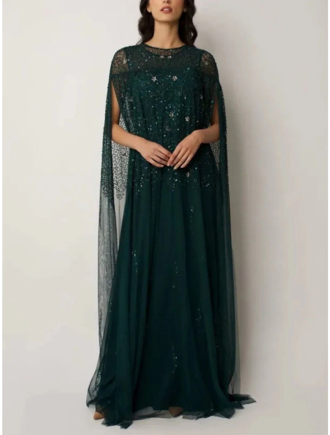 Wholesa Sheath / Column Mother of the Bride Dress Wedding Guest Elegant Jewel Neck Sweep / Brush Train Stretch Chiffon Short Sleeve with Sequin Ruching Solid Color