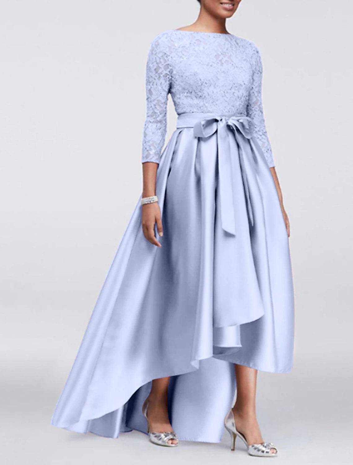 Wholesa A-Line Mother of the Bride Dress Wedding Guest Elegant Plus Size High Low Jewel Neck Asymmetrical Satin Lace 3/4 Length Sleeve with Sash / Ribbon Appliques