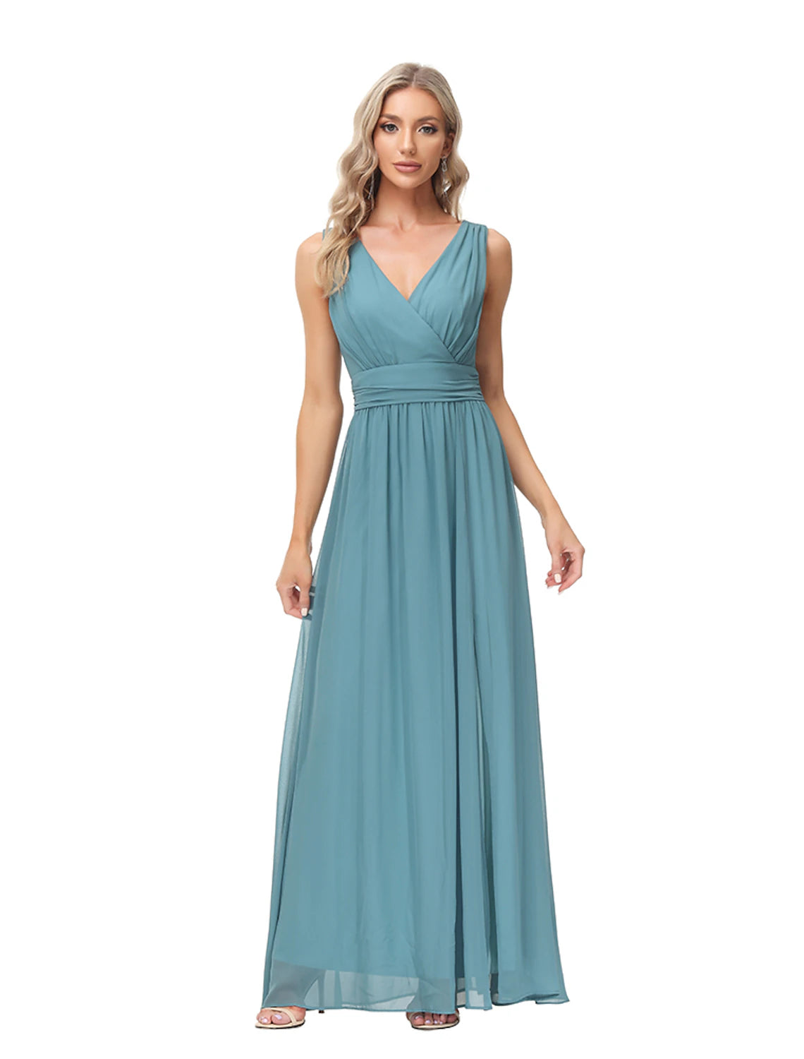 wholesale  A-Line Evening Gown Empire Dress Party Wear Wedding Guest Floor Length Sleeveless V Neck Bridesmaid Dress Chiffon V Back with Slit