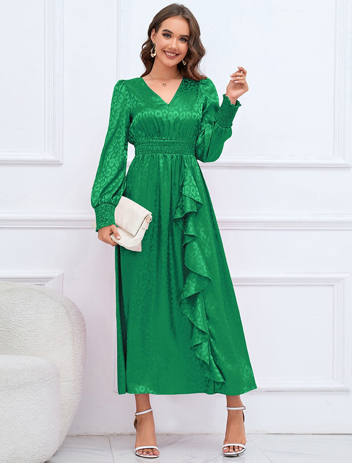 Wholesa A-Line Party Dresses Elegant Dress Formal Fall Ankle Length Long Sleeve V Neck Satin with Ruffles Print