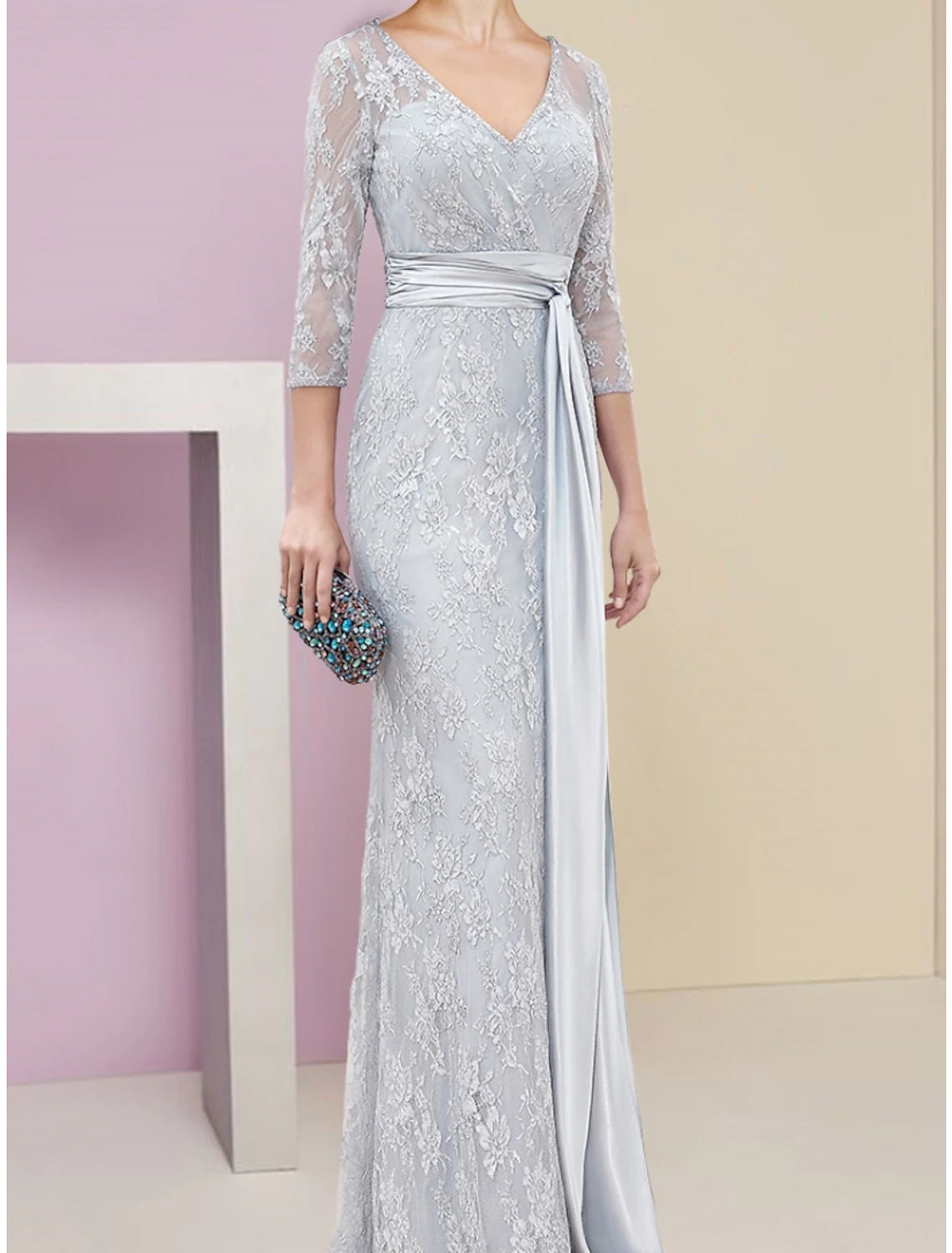 Wholesa  A-Line Mother of the Bride Dress Wedding Guest Elegant V Neck Floor Length Chiffon Lace 3/4 Length Sleeve with Ruching Solid Color
