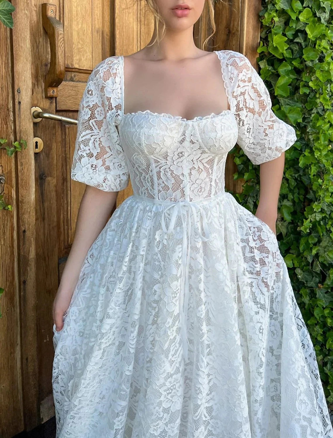 Wholesa Reception Little White Dresses Wedding Dresses A-Line Sweetheart Half Sleeve Tea Length Lace Bridal Gowns With Appliques Solid Color