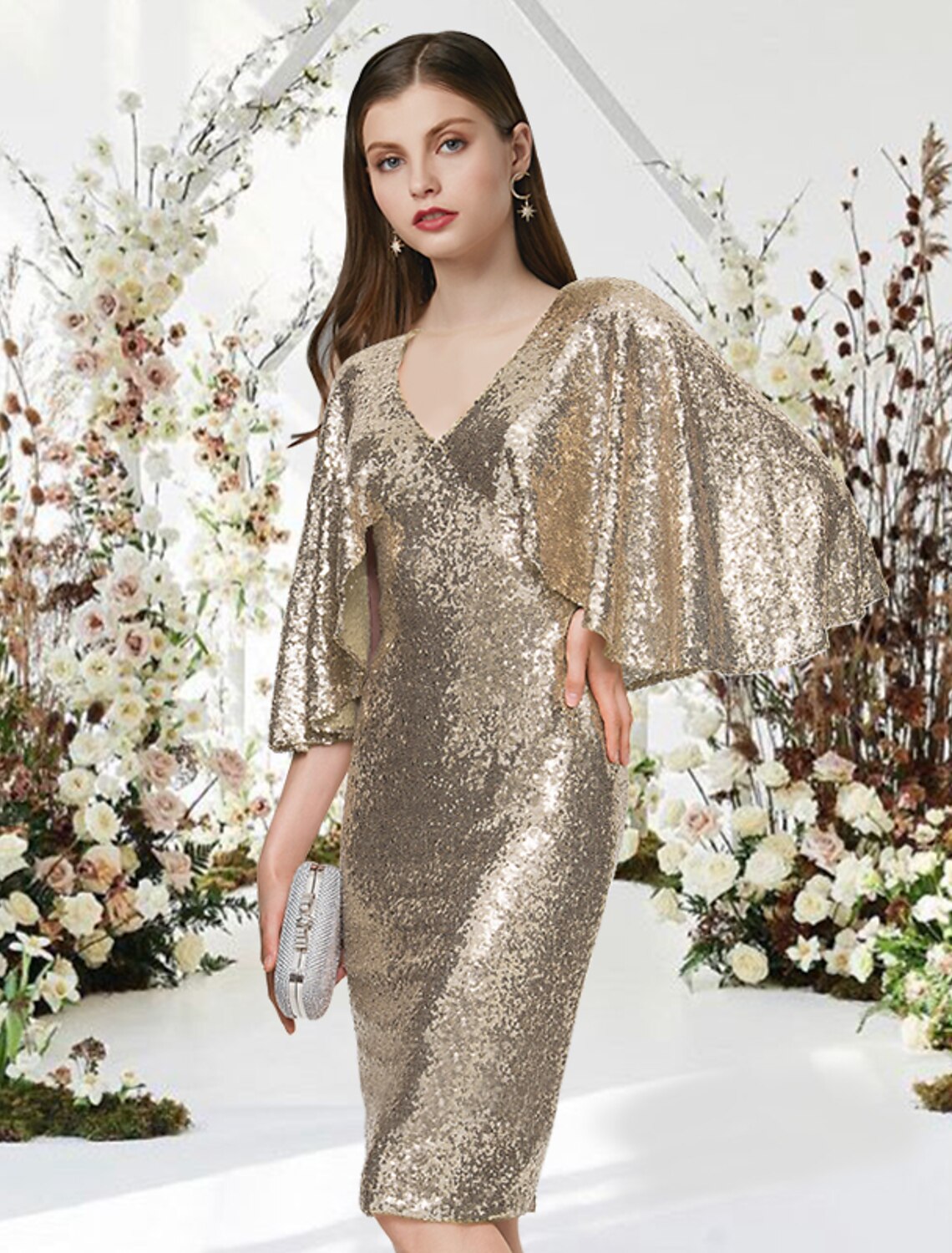 Wholesa  Sheath / Column Cocktail Dresses Glittering Dress Graduation Cocktail Party Knee Length Half Sleeve V Neck Sequined with Sleek