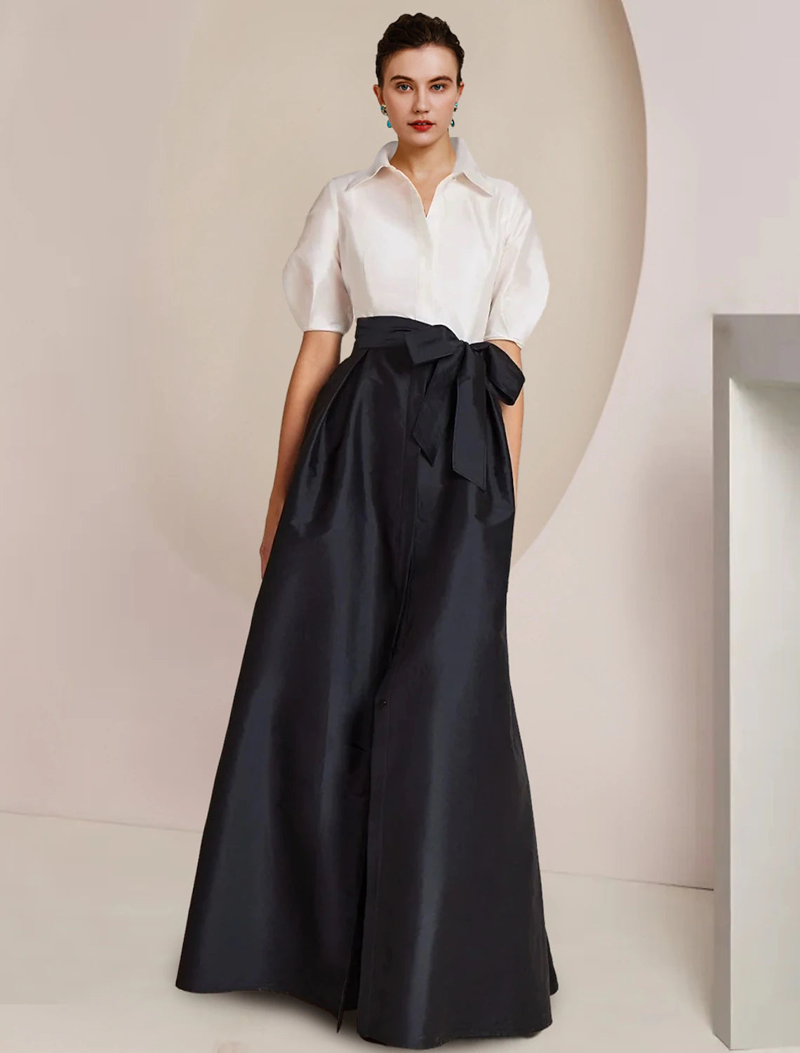 wholesale  A-Line Mother of the Bride Dress Formal Wedding Guest Party Elegant Shirt Collar Floor Length Taffeta Short Sleeve with Bow(s) Color Block