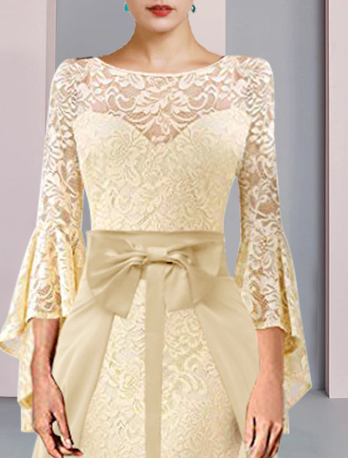 wholesale  Two Piece Sheath / Column Mother of the Bride Dress Formal Wedding Guest Elegant Scoop Neck Knee Length Chiffon Lace 3/4 Length Sleeve with Bow(s)