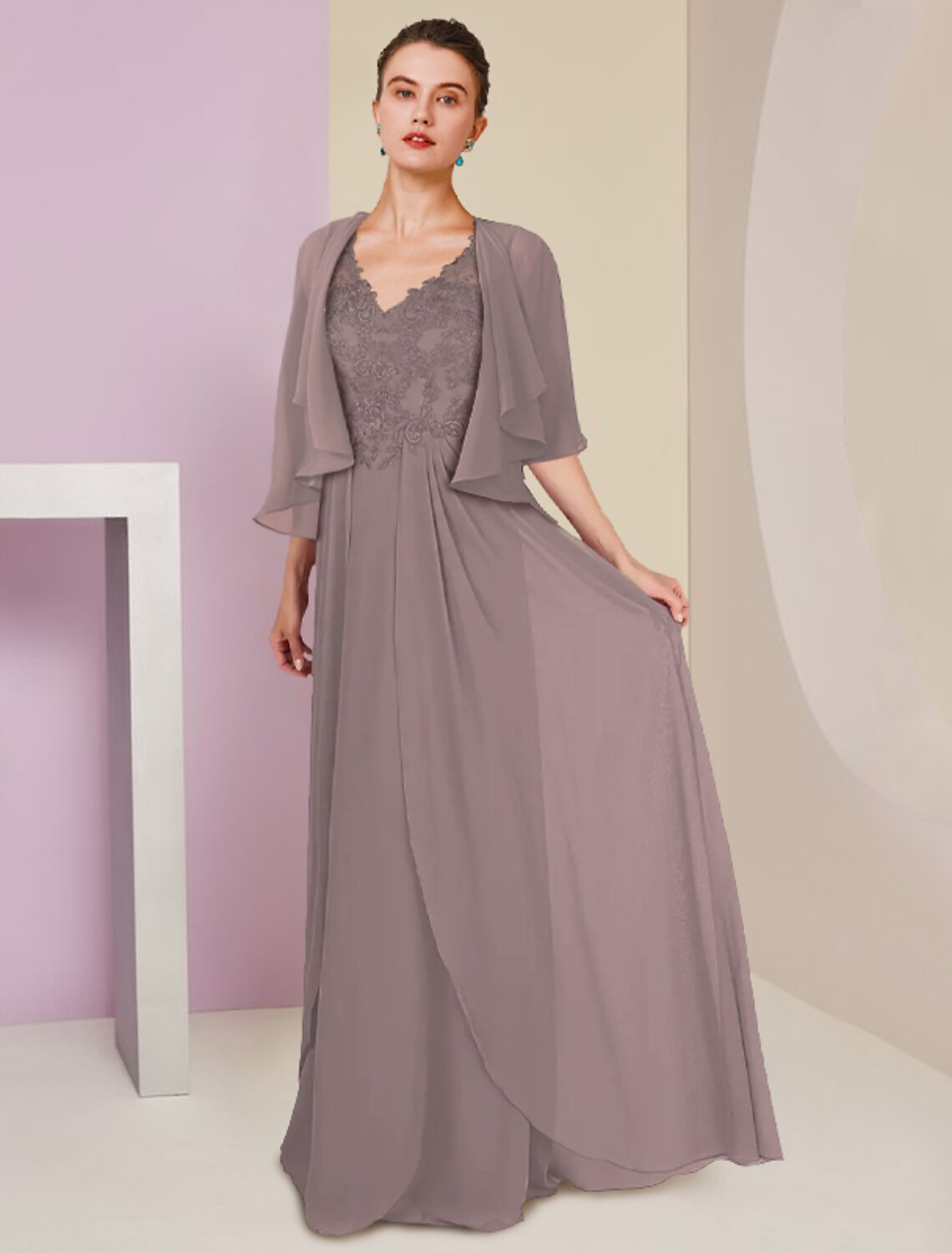 wholesale  Two Piece A-Line Mother of the Bride Dress Formal Wedding Guest Elegant V Neck Sweep / Brush Train Chiffon Lace Short Sleeve Wrap Included with Appliques