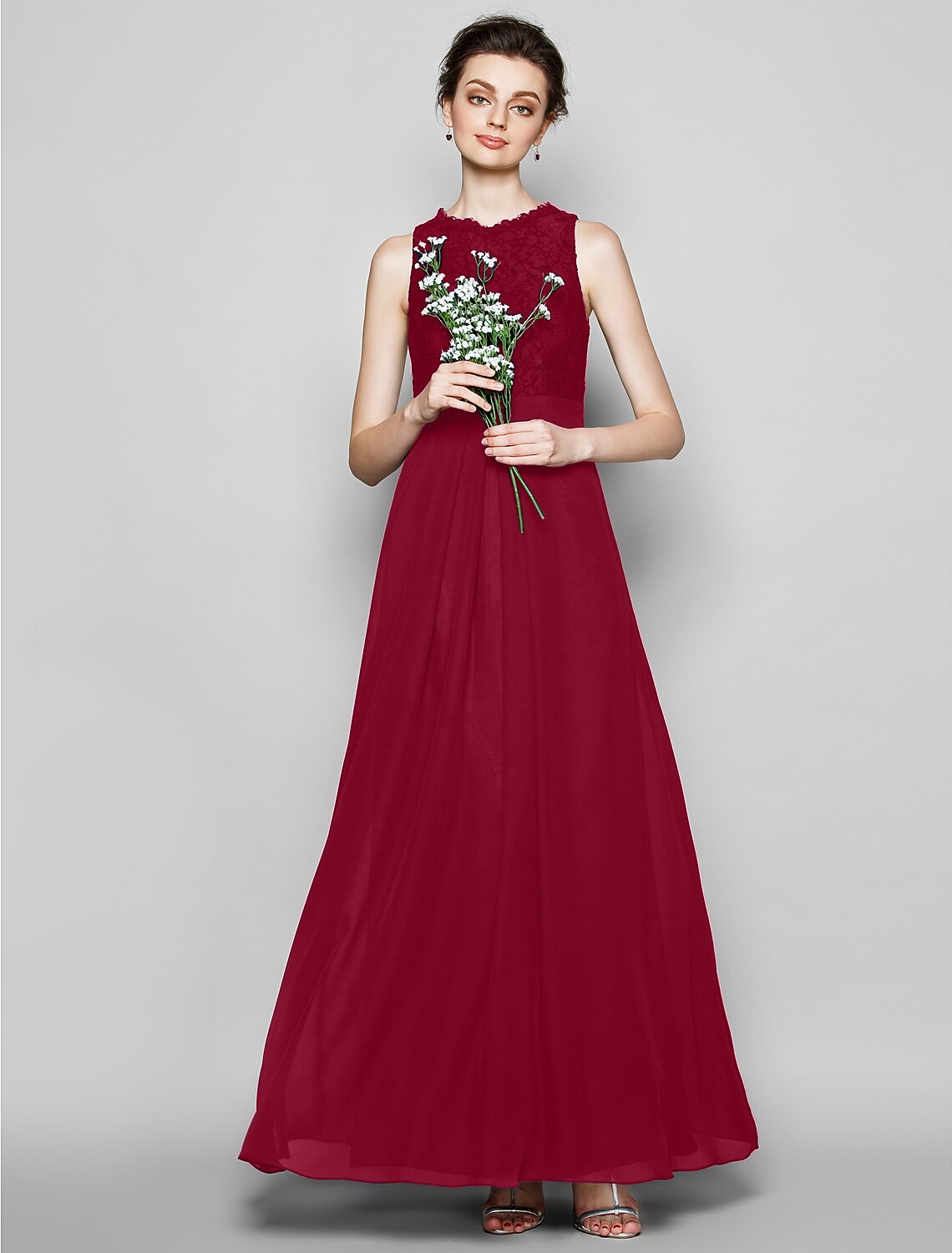 wholesale  Sheath / Column Bridesmaid Dress Jewel Neck Sleeveless Elegant Floor Length Chiffon / Lace with Lace