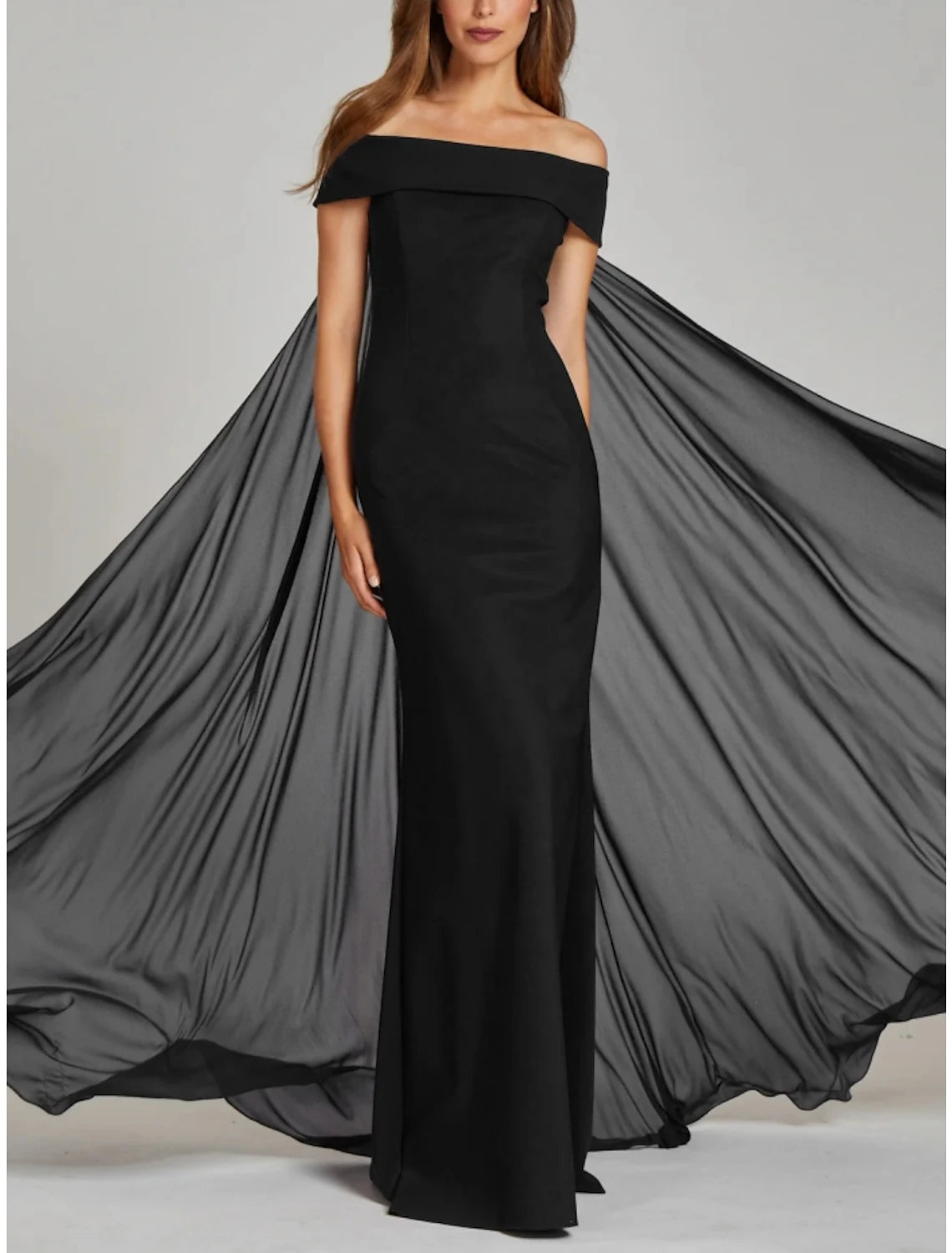 Wholesa Sheath / Column Mother of the Bride Dress Wedding Guest Elegant Off Shoulder Sweep / Brush Train Chiffon Short Sleeve with Pleats Solid Color