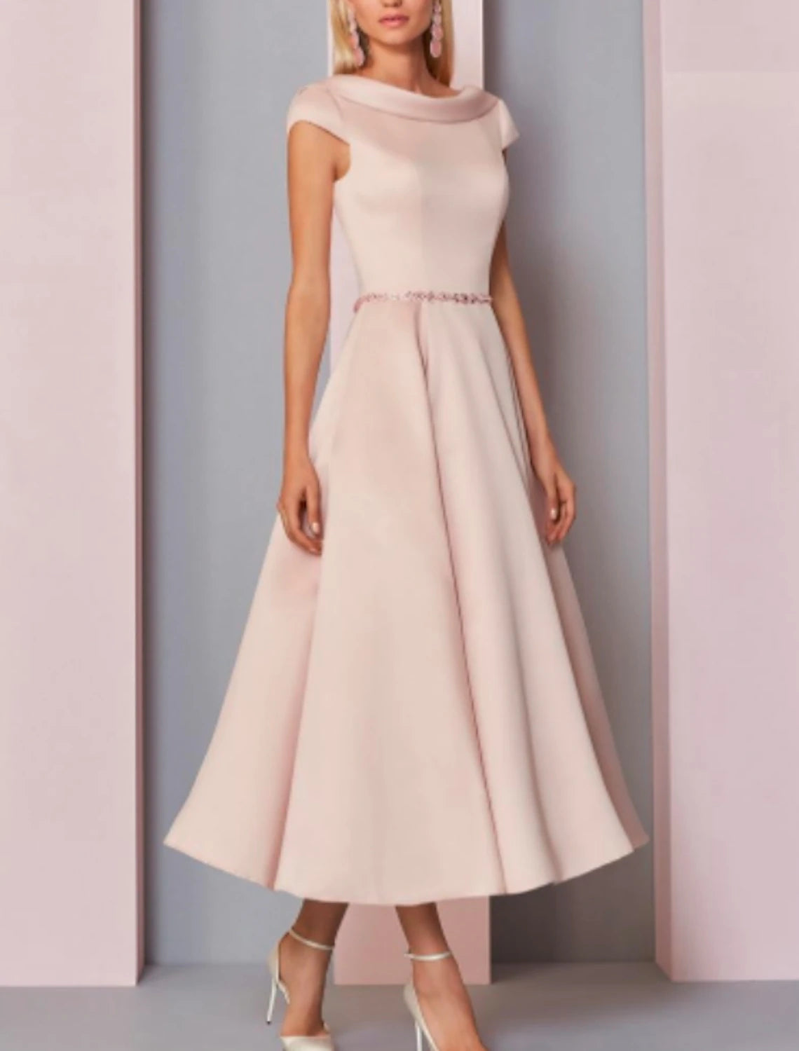 Wholesa A-Line Mother of the Bride Dress Wedding Guest Plus Size Cowl Neck Ankle Length Satin Short Sleeve with Crystals