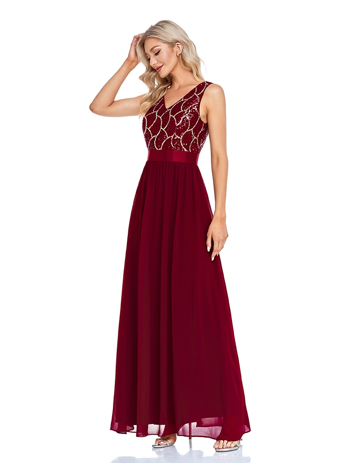 Wholesa A-Line Evening Gown Sparkle & Shine Dress Wedding Guest Prom Floor Length Sleeveless V Neck Bridesmaid Dress Chiffon V Back with Sequin Splicing