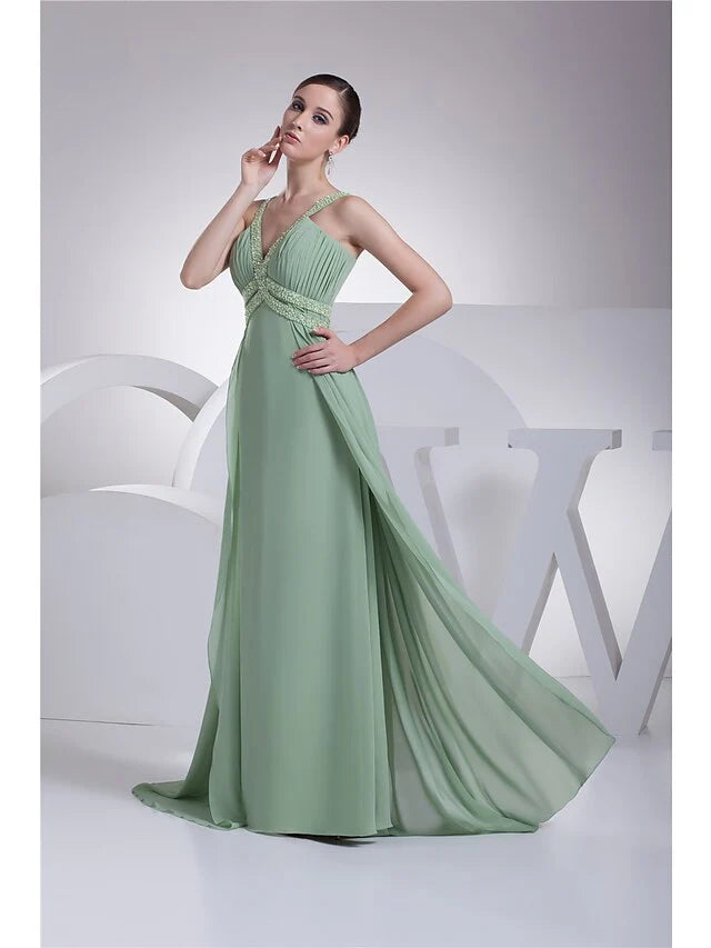 Wholesa A-Line Evening Gown Sparkle Dress Formal Evening Floor Length Sleeveless Spaghetti Strap Chiffon with Beading