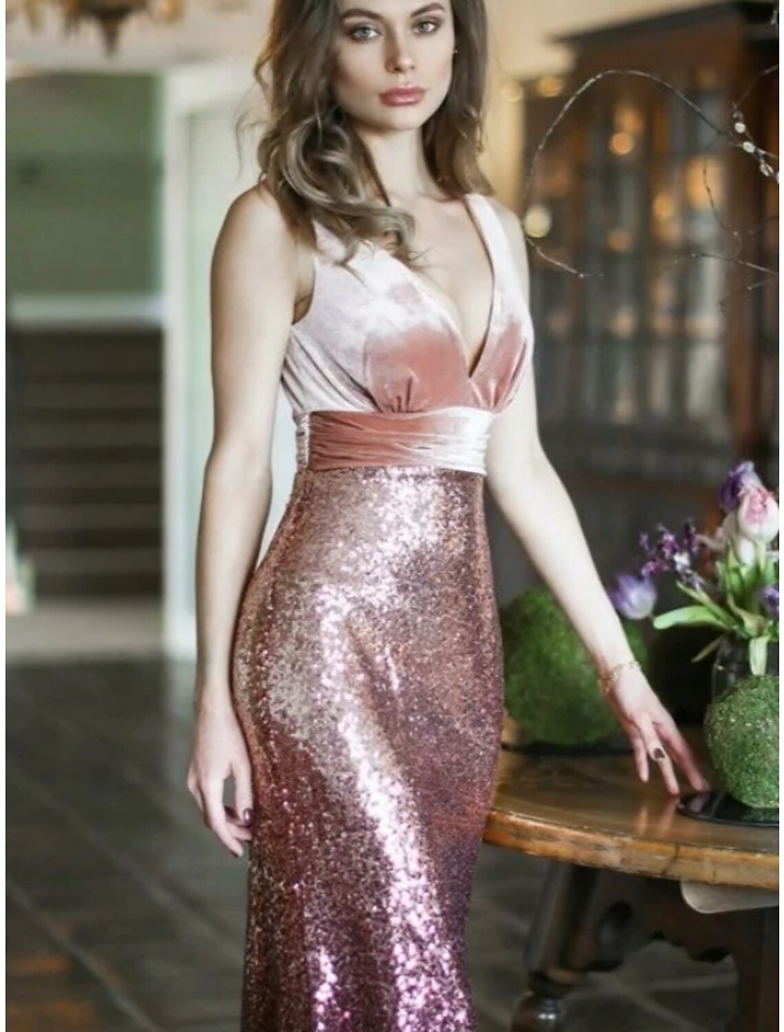 Wholesa Mermaid / Trumpet Evening Gown Sparkle & Shine Dress Formal Fall Floor Length Sleeveless V Neck Sequined with Glitter Pleats