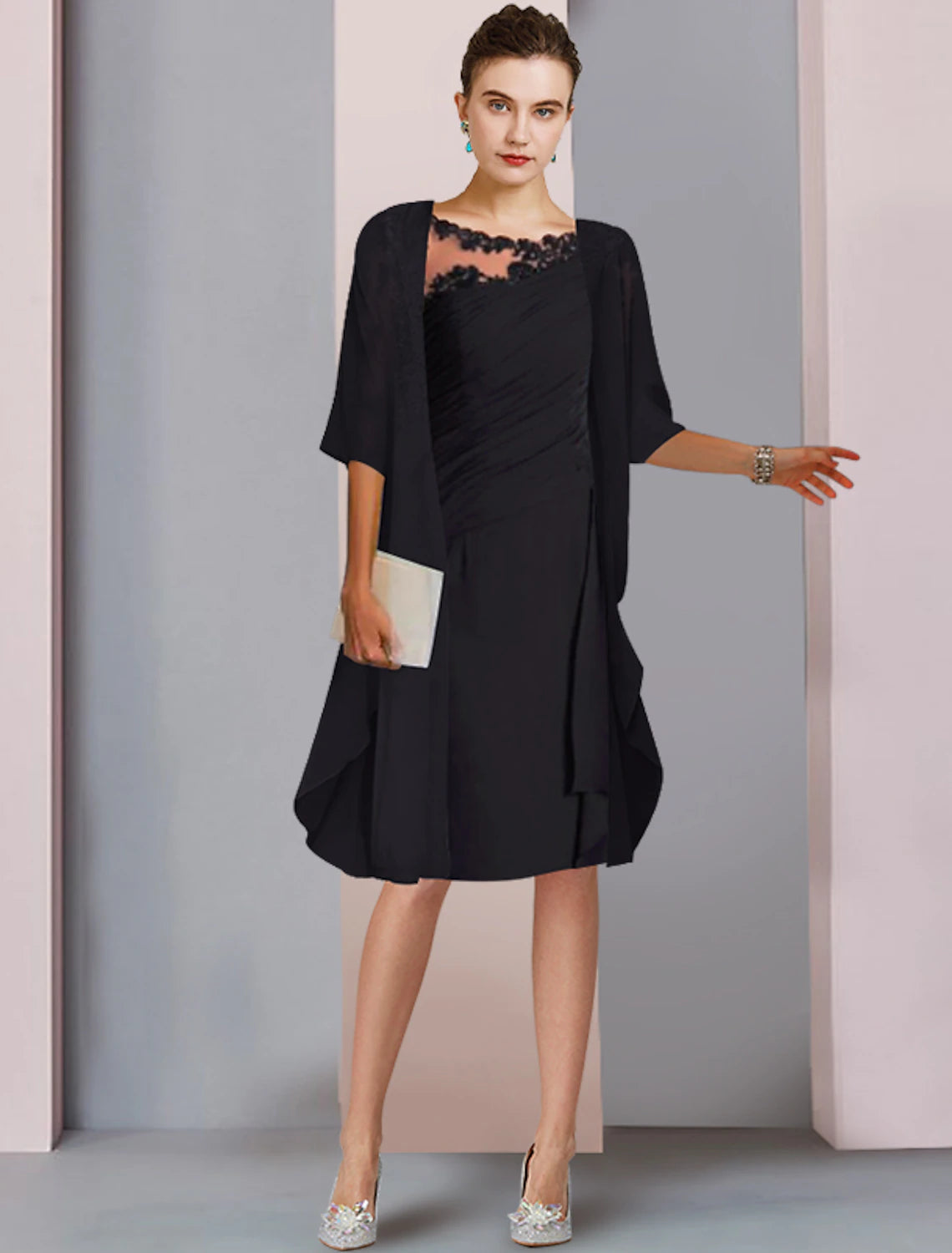 wholesale  Two Piece A-Line Mother of the Bride Dress Wedding Guest Elegant Scoop Neck Knee Length Chiffon Lace Half Sleeve Wrap Included Jacket Dresses with Ruched Appliques