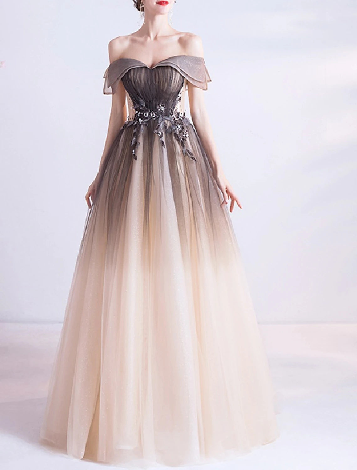 Wholesa  Ball Gown Princess Cute Prom Dress Off Shoulder Sleeveless Floor Length Tulle with Crystals Appliques