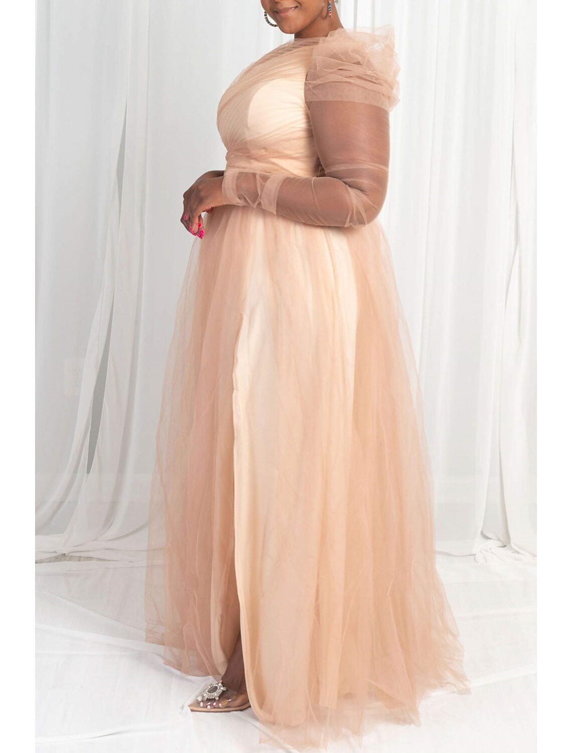 Wholesa A-Line Prom Dresses Plus Size Dress Wedding Guest Formal Evening Sweep / Brush Train Long Sleeve One Shoulder Wednesday Addams Family Tulle with Slit Pure Color
