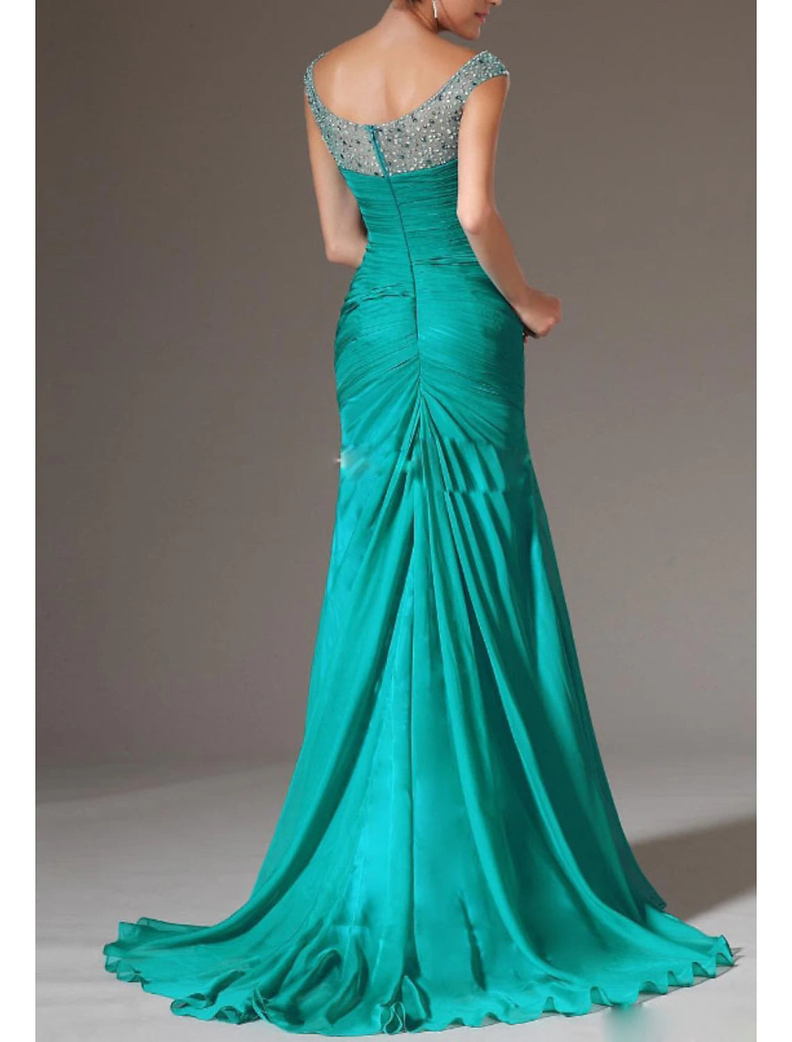 Wholesa Sheath Evening Gown Open Back Dress Red Green Dress Wedding Guest Sweep / Brush Train Sleeveless Plunging Neck Chiffon with Ruched Crystals Beading