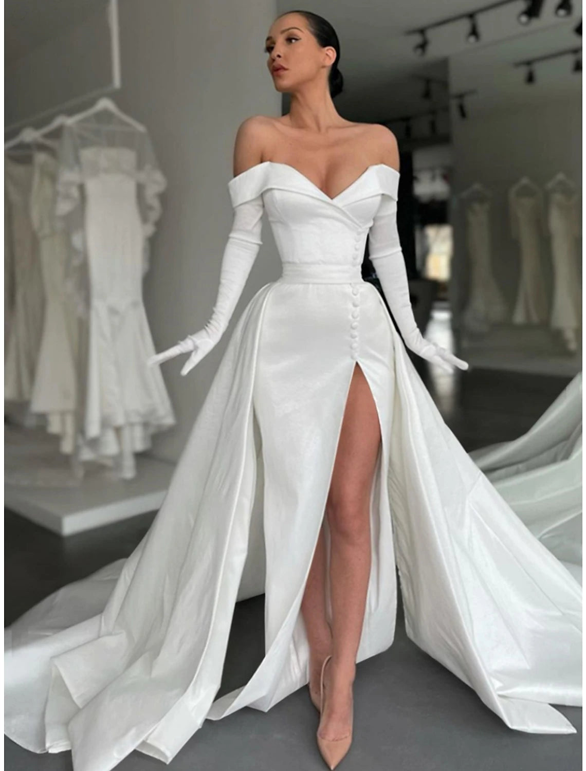 Wholesa A-Line Evening Gown Elegant Dress Formal Court Train Long Sleeve Off Shoulder Satin with Buttons Pleats Slit