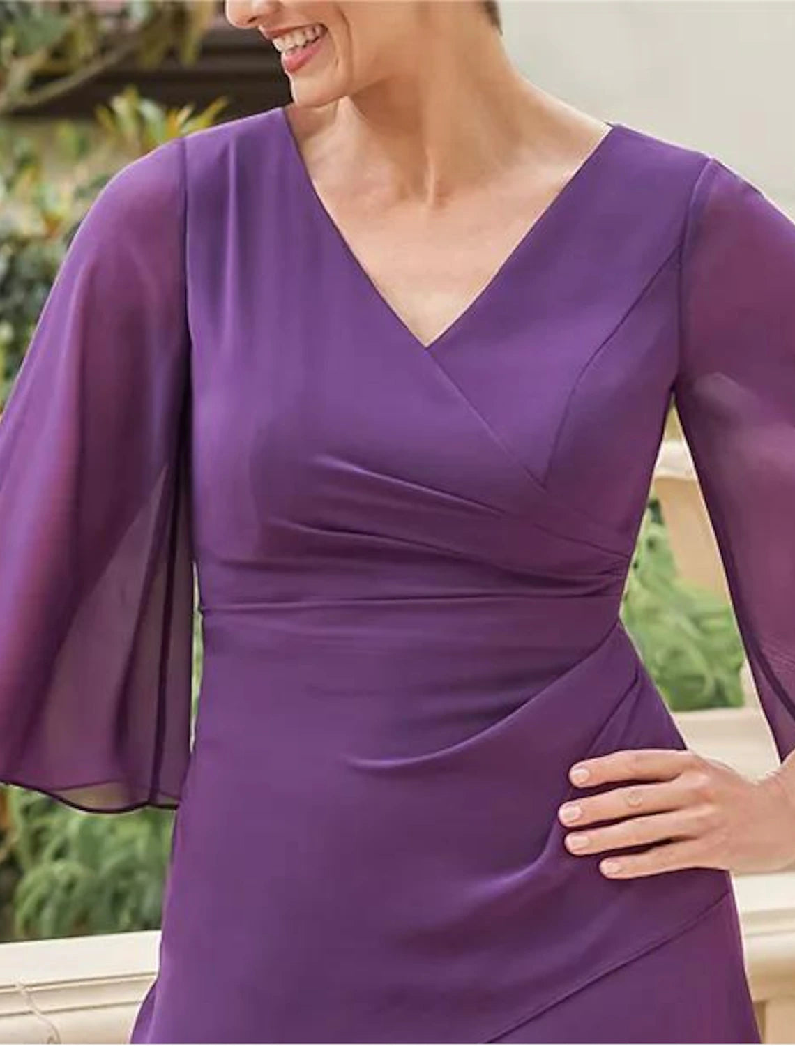Wholesa A-Line Mother of the Bride Dress Formal Wedding Guest Elegant V Neck Floor Length Chiffon Half Sleeve with Cascading Ruffles Ruching Solid Color