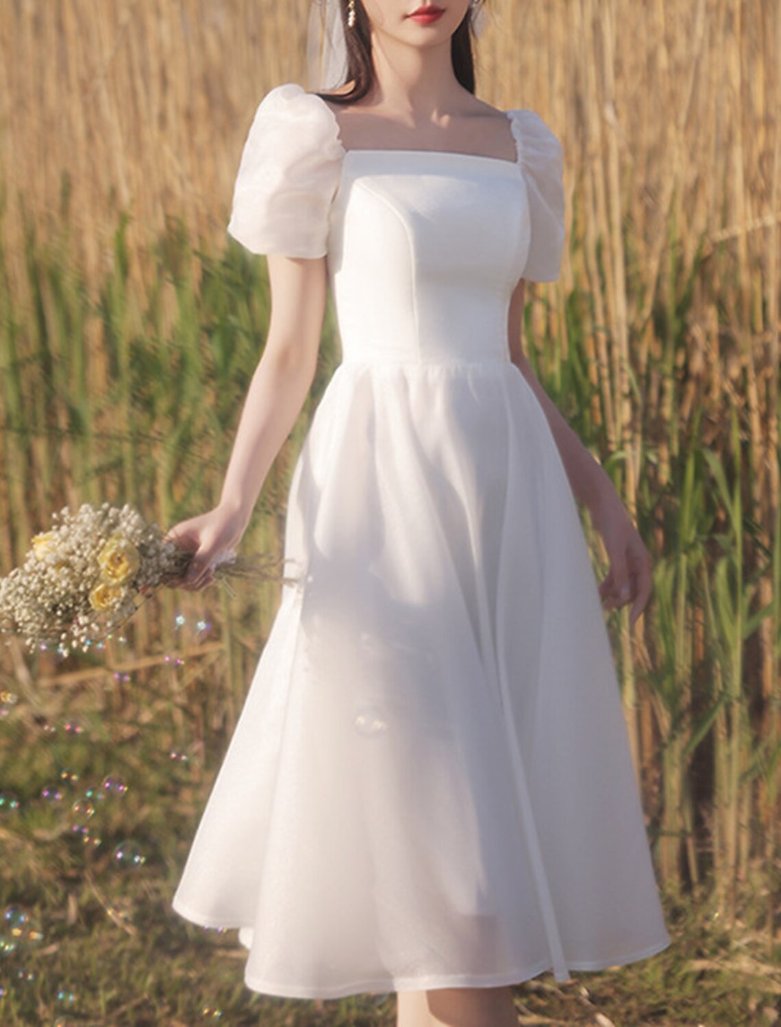 Wholesa  Reception Little White Dresses Wedding Dresses A-Line Square Neck Short Sleeve Tea Length Satin Bridal Gowns With Solid Color