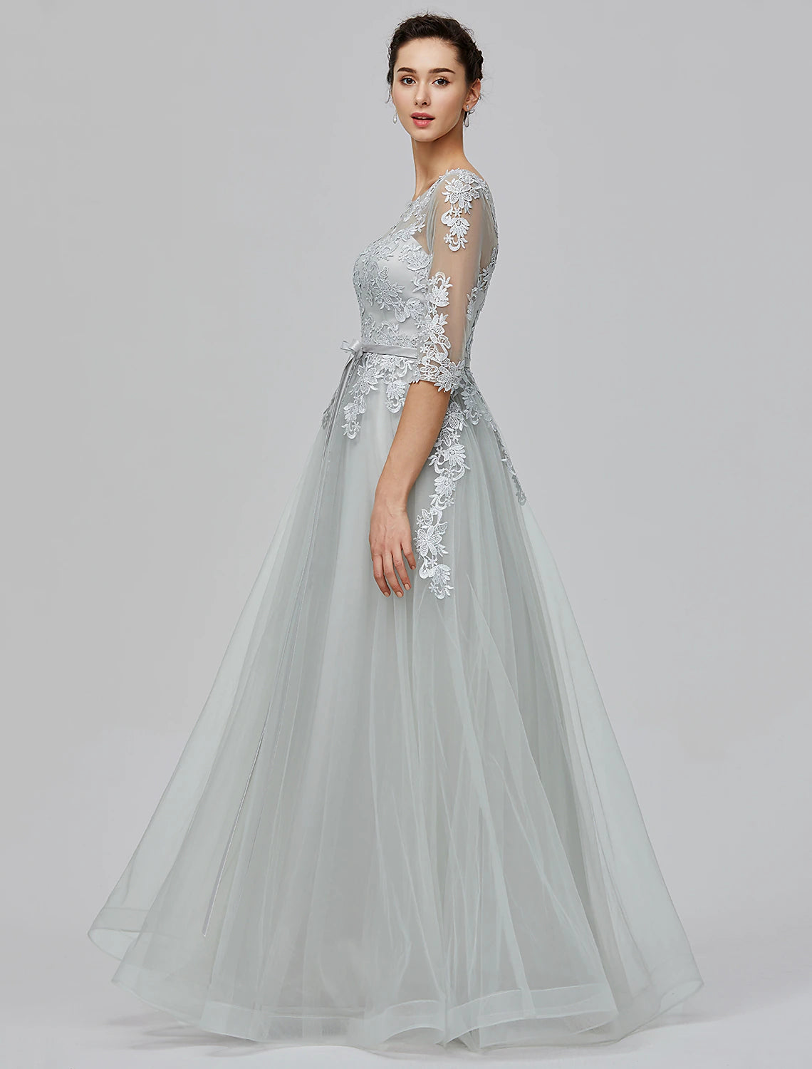 Wholesa A-Line Empire Dress Wedding Guest Prom Floor Length Half Sleeve Illusion Neck Tulle with Bow(s) Appliques