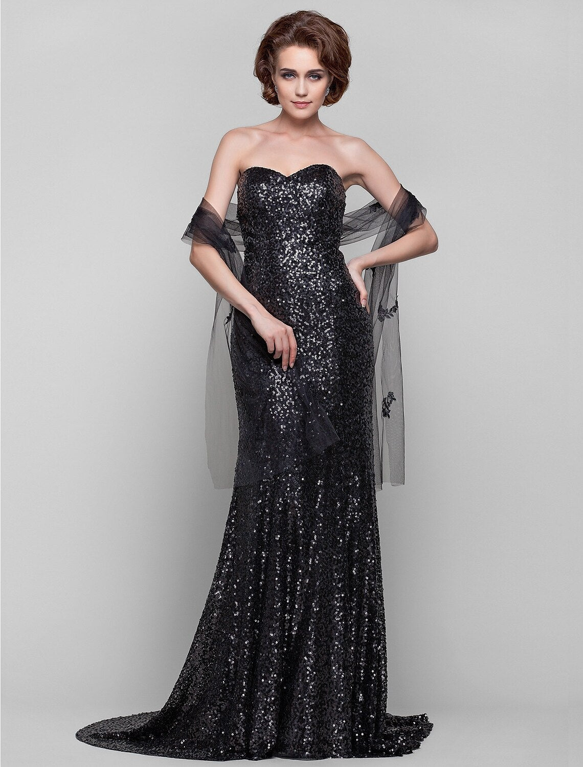 wholesale  Sheath / Column Mother of the Bride Dress Wrap Included Sweetheart Neckline Strapless Sweep / Brush Train Sequined Sleeveless with Sequin