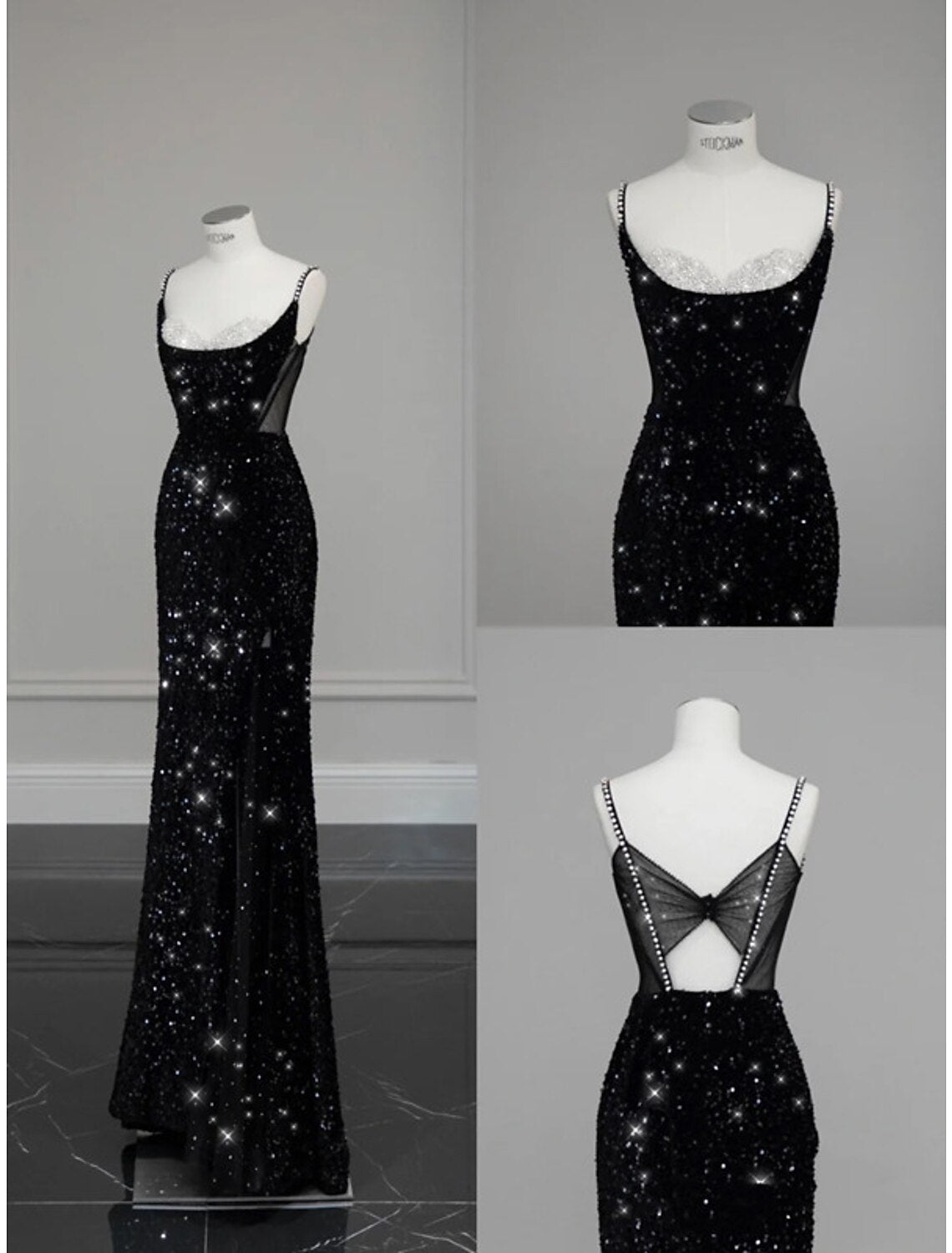 wholesale  Mermaid / Trumpet Evening Gown Sparkle & Shine Dress Formal Wedding Guest Floor Length Sleeveless Spaghetti Strap Sequined with Bow(s) Crystals Sequin