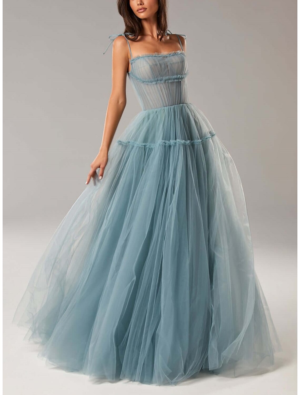 wholesale  A-Line Prom Party Dress Elegant Dress Wedding Guest Prom Floor Length Sleeveless Spaghetti Strap Tulle with Pleats Ruffles