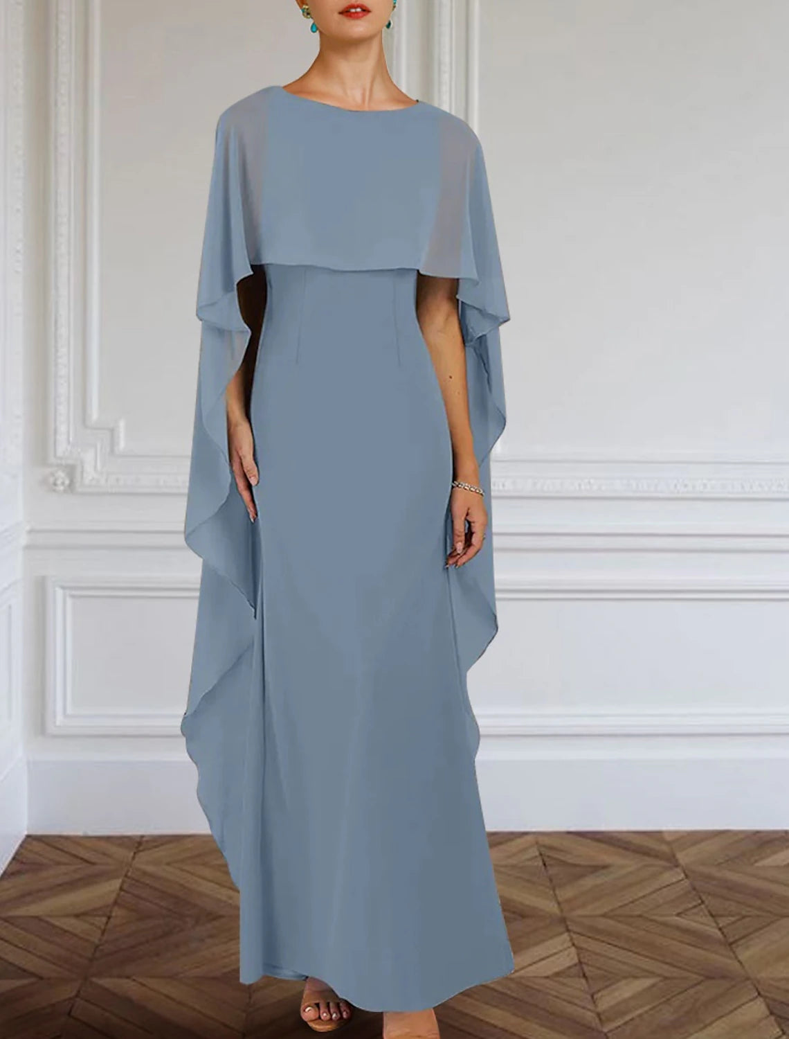 Wholesa  Sheath / Column Mother of the Bride Dress Formal Wedding Guest Elegant Simple Jewel Neck Floor Length Chiffon Sleeveless with Side Draping Solid Color