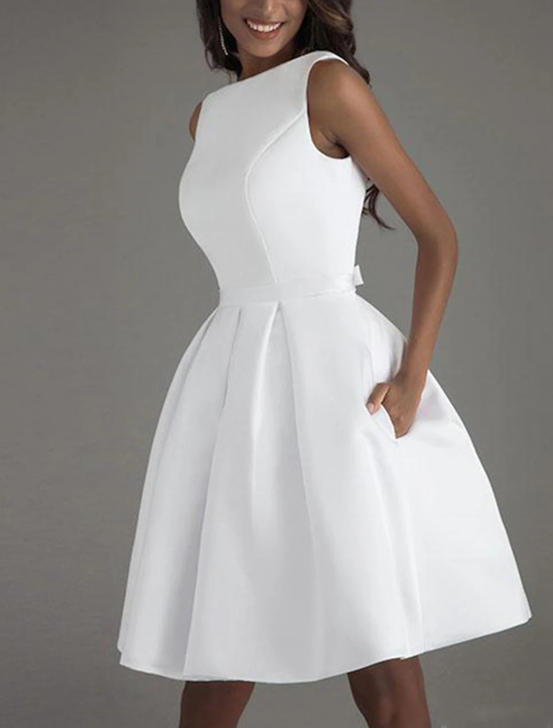 Wholesa A-Line Cocktail Dresses Minimalist Dress Valentine's Day Wedding Guest Knee Length Sleeveless Boat Neck Satin V Back with Sleek Bow(s) Pure Color