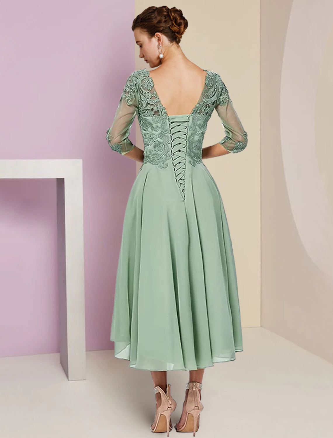 wholesale  Two Piece A-Line Mother of the Bride Dress Formal Wedding Guest Elegant High Low Scoop Neck Asymmetrical Tea Length Chiffon Lace Half Sleeve Wrap Included with Beading Appliques