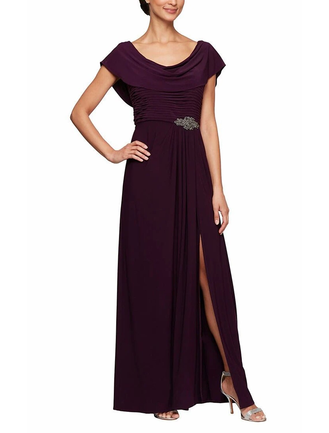 Wholesa A-Line Mother of the Bride Dress Formal Wedding Guest Elegant Scoop Neck Ankle Length Chiffon Short Sleeve with Pleats Crystals Solid Color