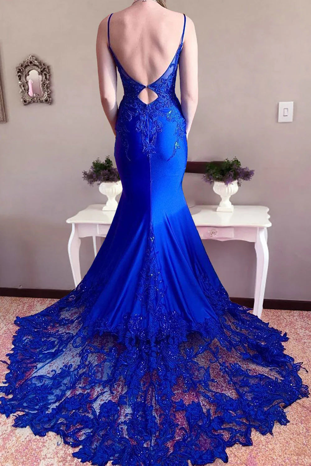 Wholesa Mermaid Spaghetti Straps Long Prom Dress with Appliques