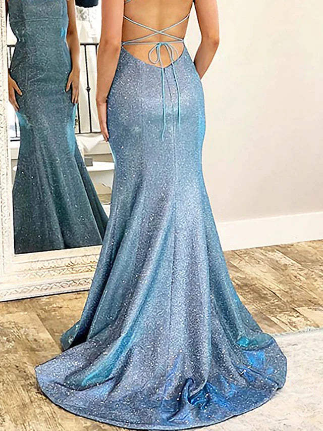 Wholesa Mermaid / Trumpet Prom Dresses Open Back Dress Formal Sweep / Brush Train Sleeveless Strapless Satin Backless with Glitter
