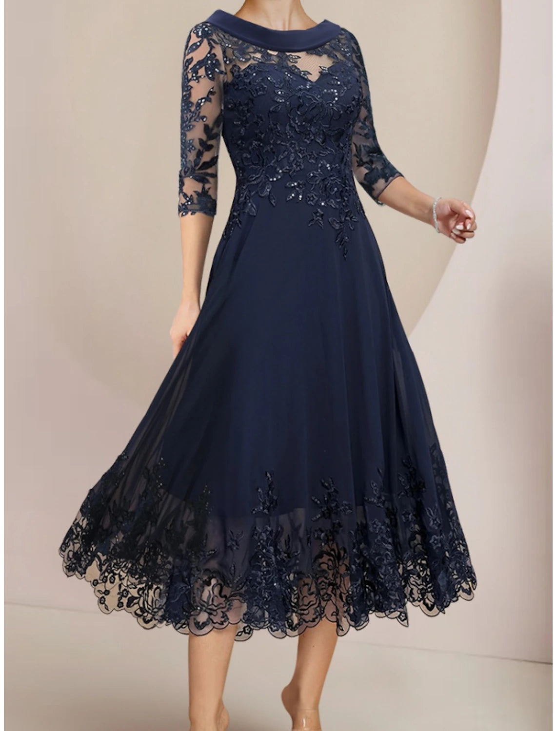 Wholesa  A-Line Mother of the Bride Dress Wedding Guest Elegant Petite Scoop Neck Tea Length Chiffon Lace Half Sleeve with Sequin Ruching Solid Color