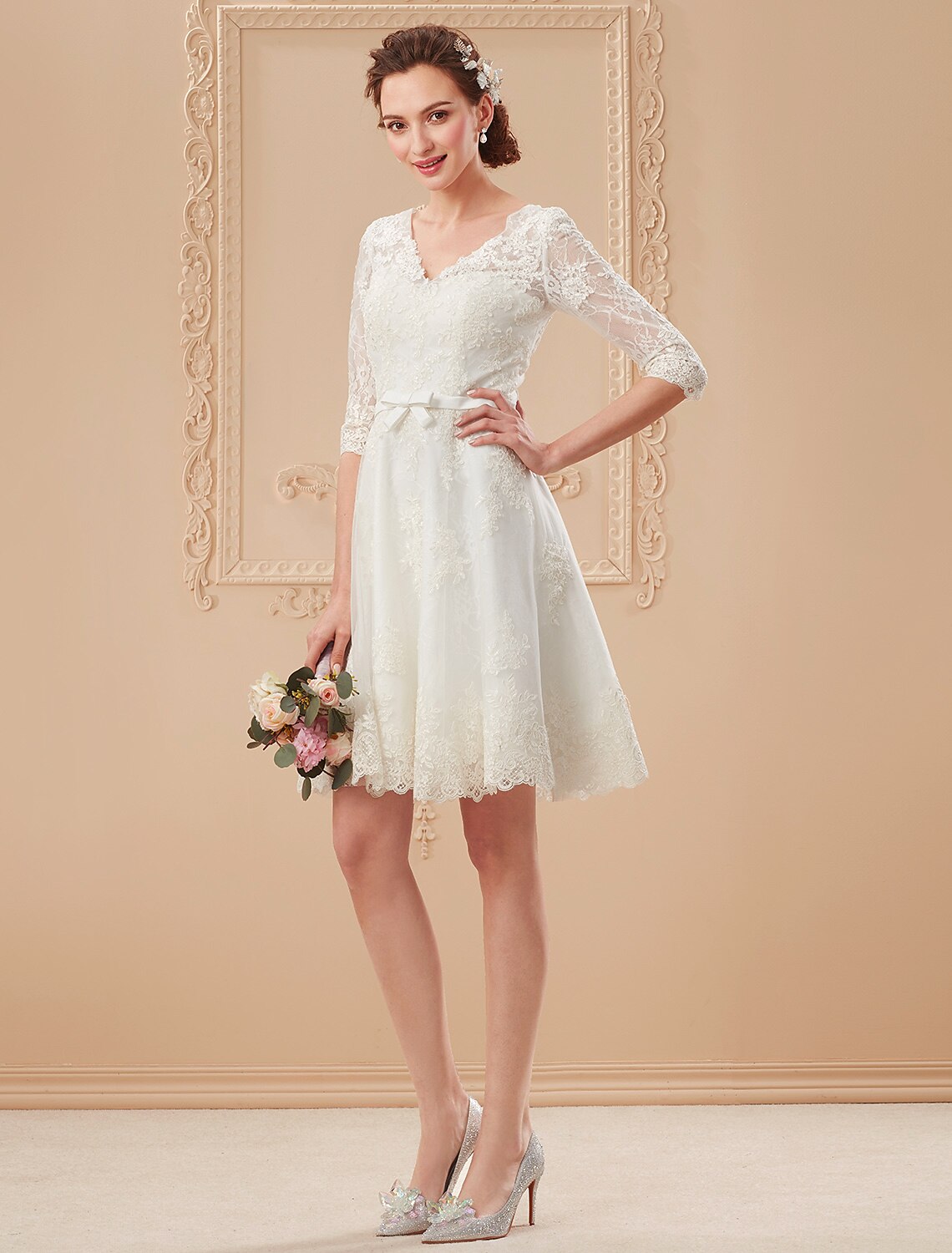 wholesale  Reception Little White Dresses Wedding Dresses A-Line V Neck Half Sleeve Knee Length Lace Bridal Gowns With Bowknot Sash / Ribbon