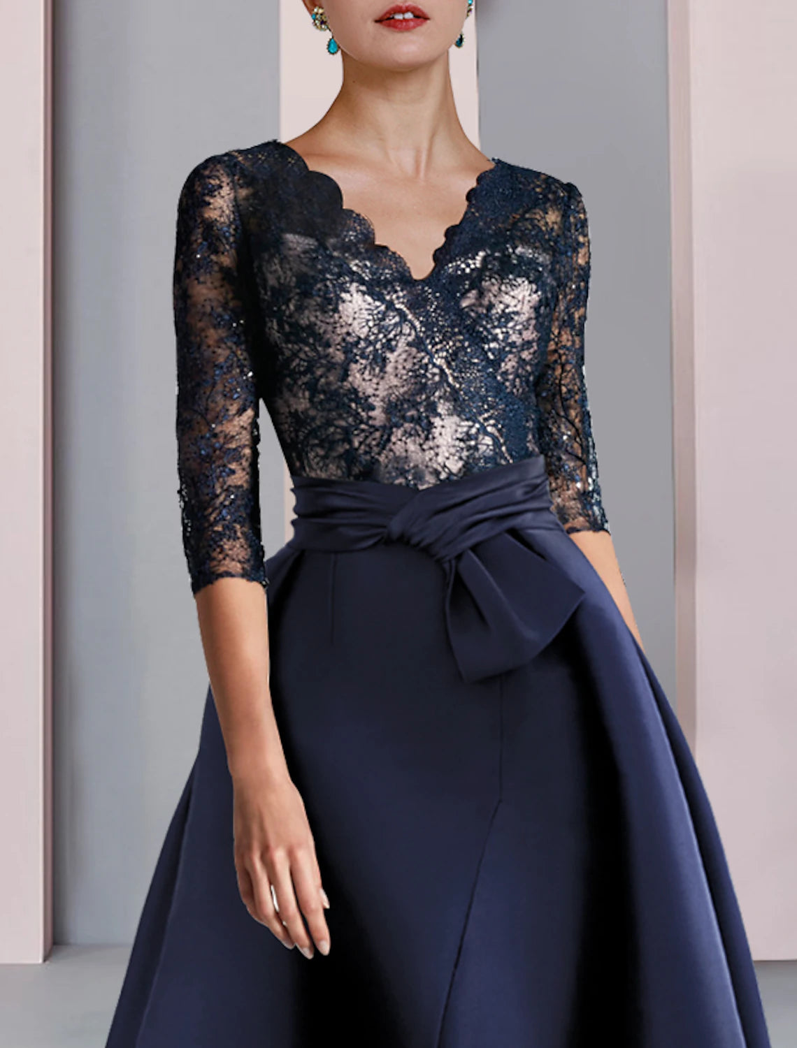 wholesale  A-Line Mother of the Bride Dress Formal Party Elegant V Neck Floor Length Satin Lace Half Sleeve with Bow(s) Pleats Split Front