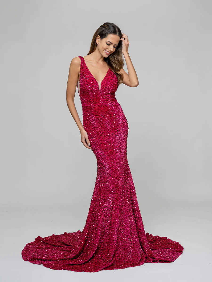 Wholesa Mermaid Plunging V Neck Sequin Fitted Sexy Prom Dresses
