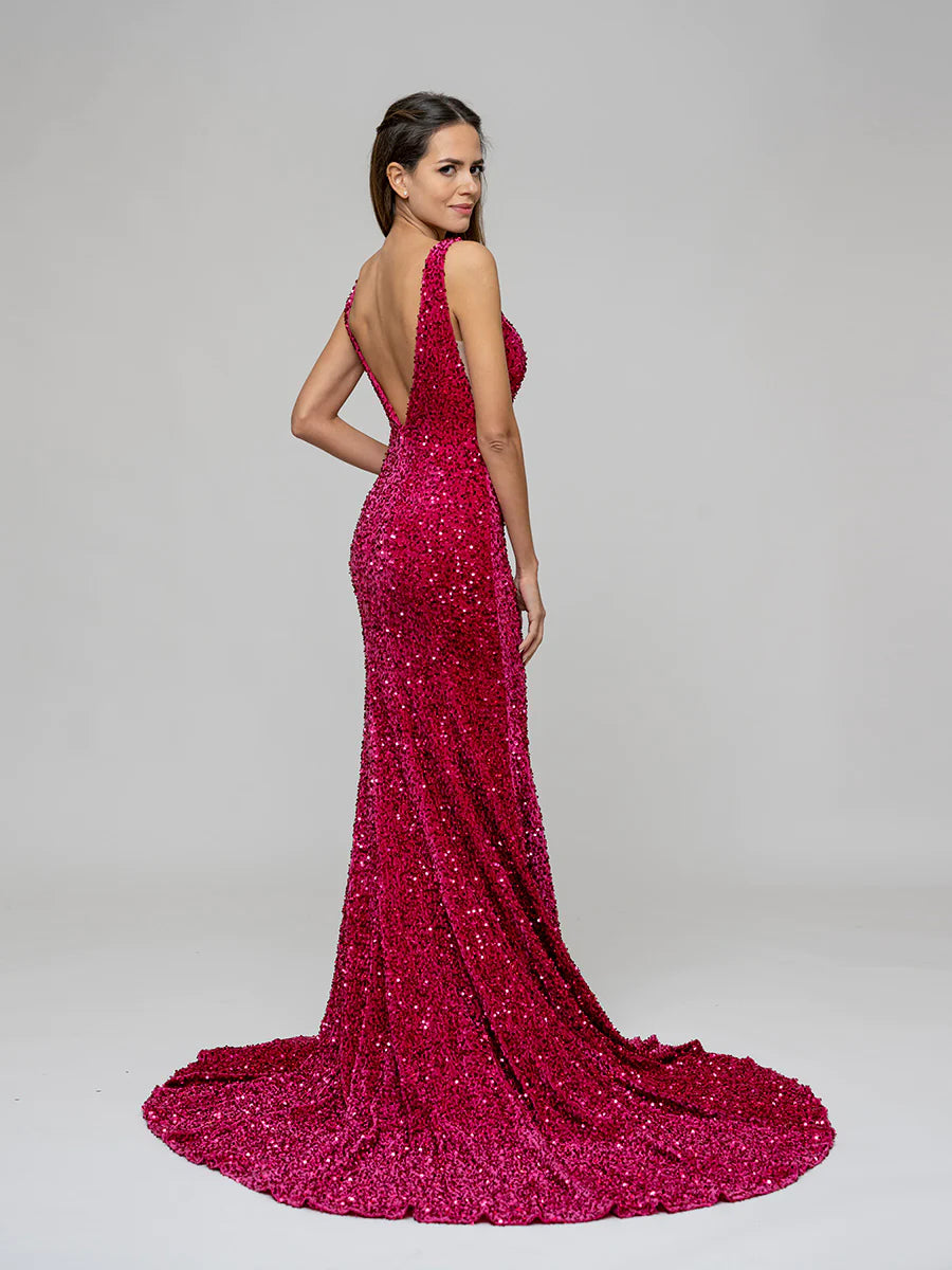 Wholesa Mermaid Plunging V Neck Sequin Fitted Sexy Prom Dresses