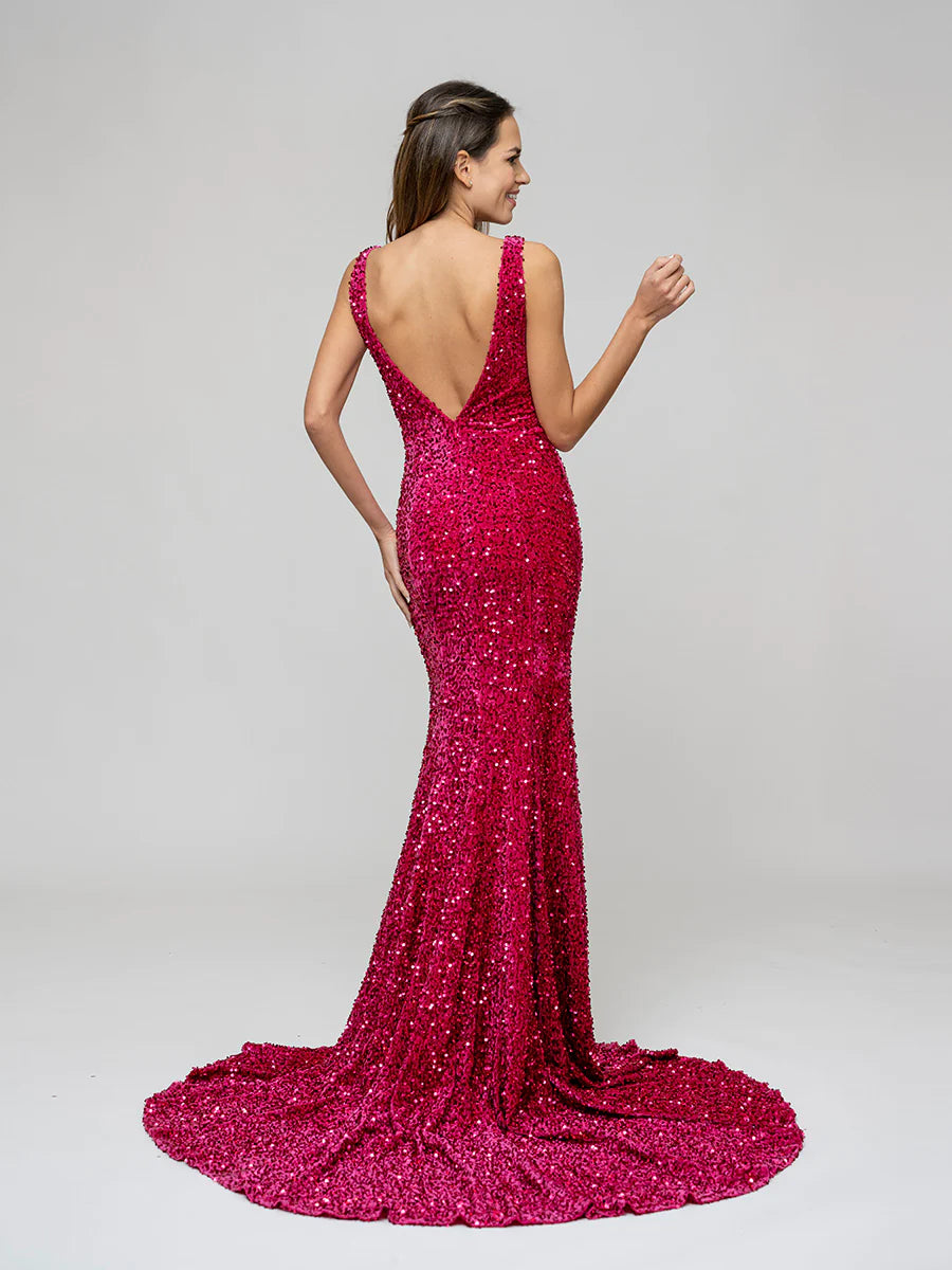 Wholesa Mermaid Plunging V Neck Sequin Fitted Sexy Prom Dresses