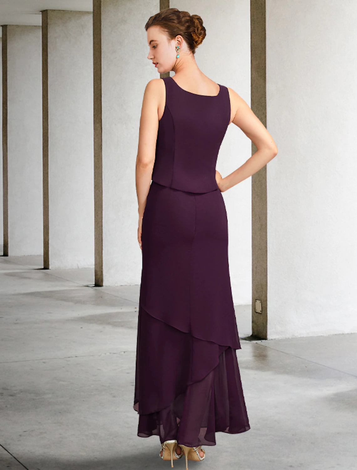 wholesale  Two Piece A-Line Mother of the Bride Dress Plus Size Elegant Square Neck Ankle Length Chiffon Sleeveless Wrap Included Jacket Dresses with Pearls Beading Tier