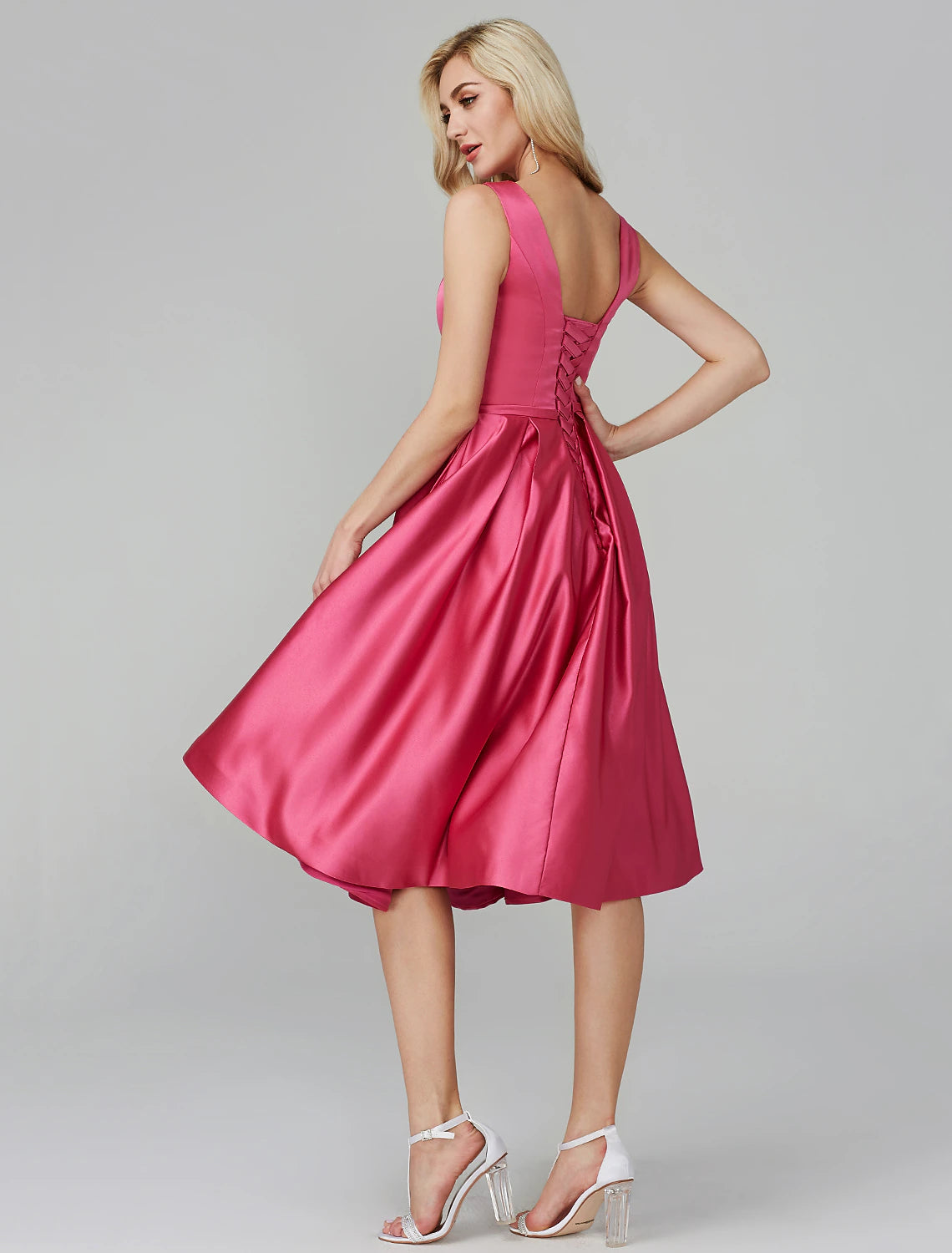 Wholesa A-Line Party Dress Wedding Guest Cocktail Party Knee Length Sleeveless V Wire Pink Dress Satin with Sash / Ribbon