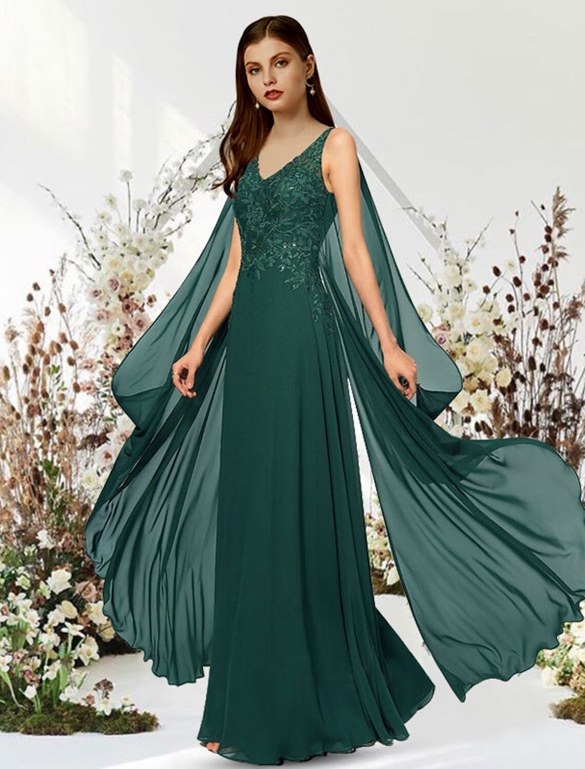 Wholesa A-Line Empire Elegant Engagement Formal Evening Dress V Neck Sleeveless Floor Length Chiffon with Sequin Appliques