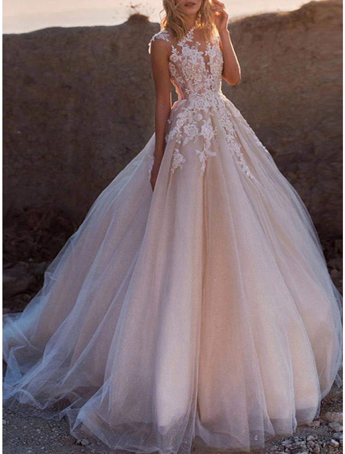 wholesale  Formal Wedding Dresses Ball Gown Illusion Neck Cap Sleeve Court Train Lace Bridal Gowns With Buttons Appliques